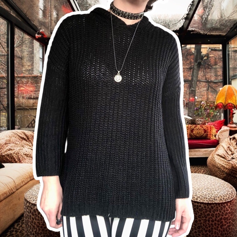 Tobi Oversized Boxy Black Cozy Goth Knitted Hoodie Sweater, Size S
